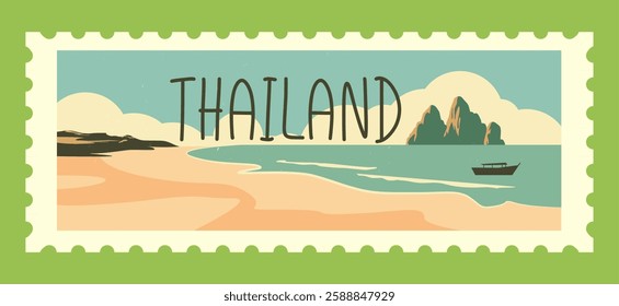 Vintage postage stamp featuring a Thailand beach scene with sand, sea, mountains, and a boat in a retro color palette. Decorative border enhances the travel theme. Vector illustration