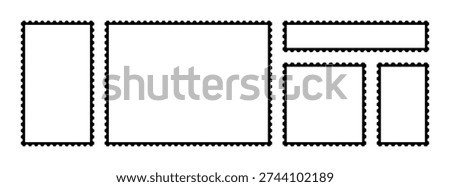 Vintage postage stamp frame set isolated on transparent background, blank template collection with perforated edges, retro mail border design elements for scrapbook collage branding mockup layout kit