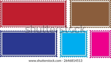 Vintage postage stamp frame with square edges and postal design. Colorful rectangle and square postage stamps.