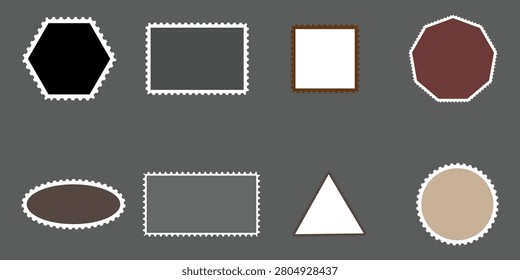 Vintage postage stamp frames set, 8 blank philatelic border vectors with perforated edges, geometric mail sticker templates for scrapbooking and postal design, neutral earth tone labels