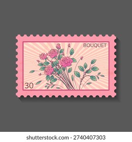 Vintage postage stamp with pink rose bouquet. Vector illustration of retro floral illustration with textured paper effect, perforated edges and classic philatelic design.
