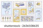Vintage postage stamp set of Summer with lemon. Italian vintage doodle lemons. Beach sea background. Italian Amalfi hand drawn postcard. Sketch contour vector illustration.