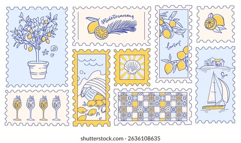 Vintage postage stamp set of Summer with lemon. Italian vintage doodle lemons. Beach sea background. Italian Amalfi hand drawn postcard. Sketch contour vector illustration.