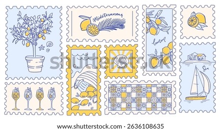 Vintage postage stamp set of Summer with lemon. Italian vintage doodle lemons. Beach sea background. Italian Amalfi hand drawn postcard. Sketch contour vector illustration.