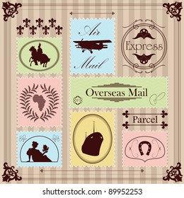 Vintage Postage Stamps Illustration Collection Background Stock Vector