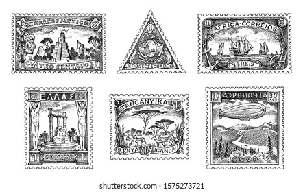 Vintage Postage stamps set. Ancient landscapes, dragon and sailing ship. Retro old Sketch. Monochrome Postcard. Hand drawn engraved retro mark, frames collection for print banner, poster and logo. 