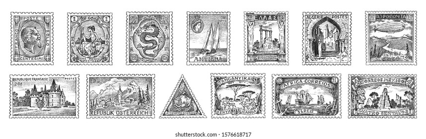 Vintage Postage stamps set. Ancient landscapes, dragon and sailing ship. Retro old Sketch. Monochrome Postcard. Hand drawn engraved retro mark, frames collection for print banner, poster and logo. 