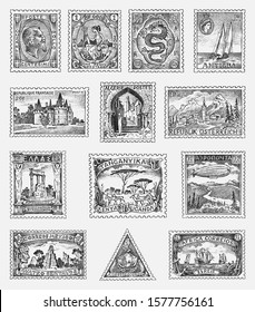 Vintage Postage stamps set. Ancient landscapes, dragon and sailing ship. Retro old Sketch. Monochrome Postcard. Hand drawn engraved retro mark, frames collection for print banner, poster and logo. 