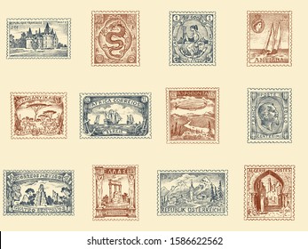 Vintage Postage stamps set. Ancient landscapes, dragon and sailing ship. Retro old Sketch. Monochrome Postcard. Hand drawn engraved retro mark, frames collection for print banner, poster and logo. 