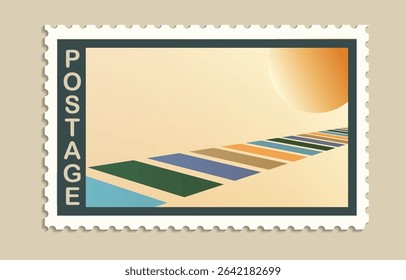 Vintage Postage stamps set. Line perspective geometry sun landscapes, Retro old Sketch. Gradient Postcard. Engraved retro mark, frames collection for print banner, poster and logo.