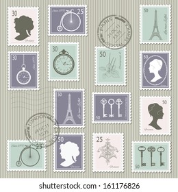 Vintage postage stamps set on stripped grunge paper. Vector illustration. Can be used for scrapbook, invitation cards, collage design.