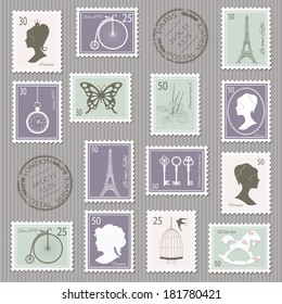 Vintage postage stamps set on stripped grunge paper. Vector illustration. Can be used for scrapbook, invitation cards, collage design.