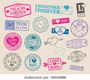 Vintage postage stamps vector set. Romantic date, love, valentines day. Collection of seal with text marry me and i love you illustration