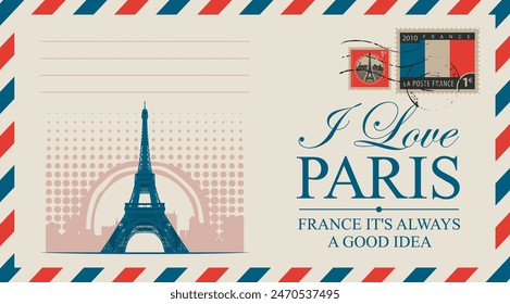 vintage postal envelope depicting the Eiffel Tower in Paris against the backdrop of the sun with a French postage stamp and rubber stamps. Translation of the inscription on stamp the French Post 