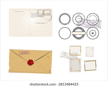 Vintage postal envelopes and retro postage stamps with airmail borders and nostalgic postmarks 