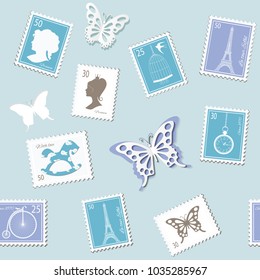 Vintage postal seamless background with different retro stamps. Decorative pattern in pastel blue. For wedding or scrapbook design. Vector illustration.