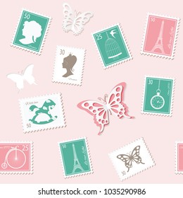 Vintage postal seamless background with different retro stamps. Decorative pattern in pastel pink. For wedding or scrapbook design. Vector illustration.