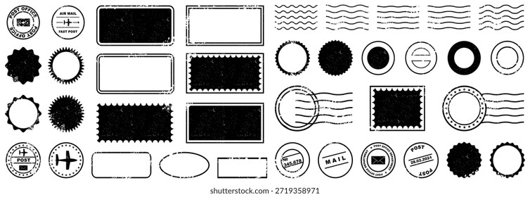 colección de sello postal y marca de correo de Antiguas con texturas afligidas. Elementos grunge negro retro para etiquetas y sobres