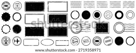 Vintage postal stamp and mail mark collection with distressed textures. Retro black grunge elements for labels and envelopes