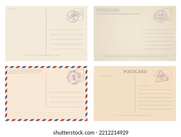 Vintage postcard and air mail envelope. Post card template. Antique message or holiday greeting card, travel paper postcard vector empty letter envelope with retro postmark and stamps