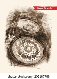 Vintage postcard with Astronomical Clock. Prague. Czech Republic. Watercolor textured art. Vector illustration.