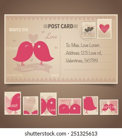 Vintage-Postkartenhintergrund und Briefmarken - für Hochzeitskartendesign, Einladungskartendesign, Gratulationskartendesign, Scrapbook-Design