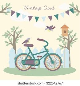 Vintage postcard, or the background for your design. With a picture of the bike, bicycle, fence, trees, branches and birds.