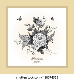 Vintage postcard with beautiful flowers. Graphic vector illustration. Invitation, congratulation card.