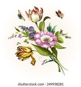 Vintage postcard with beautiful flowers. Vector illustration.