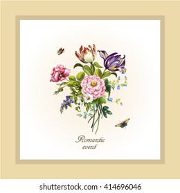 Vintage postcard with beautiful flowers. Vector illustration. Invitation, congratulation card.
