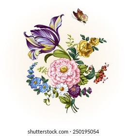 Vintage postcard with beautiful flowers.Vector illustration.