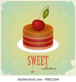 vintage postcard - Chocolate Cake with Cherry - vector illustration
