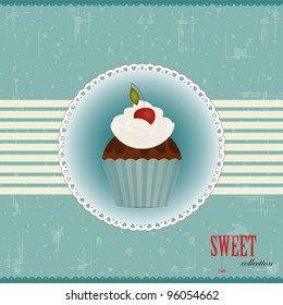 vintage postcard - Chocolate Cake with Cherry - vector illustration