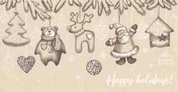 Vintage Postcard For Christmas And New Year Holidays. Stylized Hand Drawing On Kraft Paper
