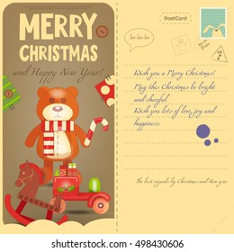 Vintage Postcard with Christmas and New Years Greeting. Backdrop of Postal Card for Winter Holiday. Retro Wooden Toys. Vector Illustration.