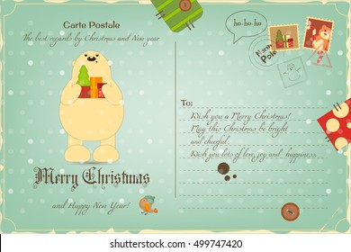 Vintage Postcard with Christmas and New Years Greeting. Backdrop of Postal Card with Postage Stamps for Winter Holiday. Polar Bear. Vector Illustration.