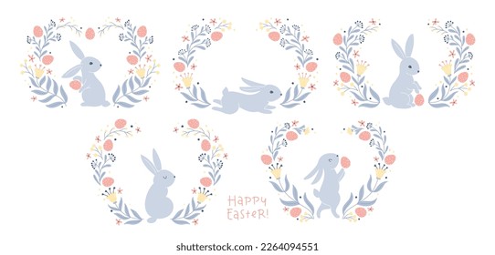 Vintage postcard collection for Easter with a hare rabbit with dotted Easter eggs, folk style with fantastic flowers. Cartoon cute animals in hand-drawn doodle style. Limited pastel palette. Vector