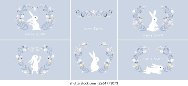 Vintage postcard collection for Easter with a hare rabbit with dotted Easter eggs, folk style with fantastic flowers. Cartoon cute animals in hand-drawn doodle style. Limited pastel palette. Vector