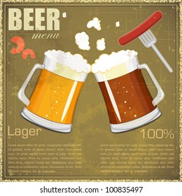 Vintage postcard, cover menu - Beer, beer snack - Retro style  - vector illustration