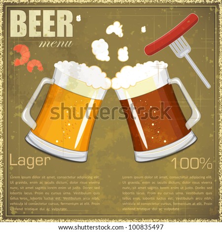 Vintage postcard, cover menu - Beer, beer snack - Retro style  - vector illustration