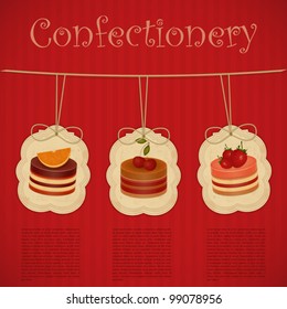 vintage postcard, cover menu confectionery - Strawberry, chocolate and cherry Cake  - vector illustration