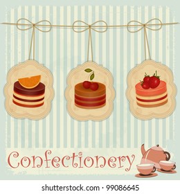 vintage postcard, cover menu confectionery - Strawberry, chocolate and cherry Cake  - vector illustration