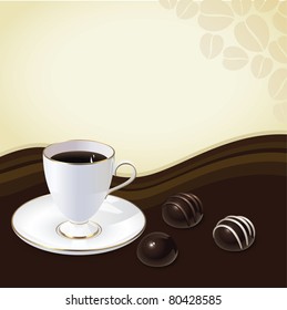 Vintage postcard with cup of coffee and chocolate