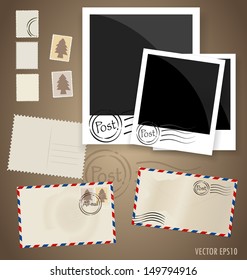 Vintage postcard designs, envelope and postage stamps. Vector EPS10