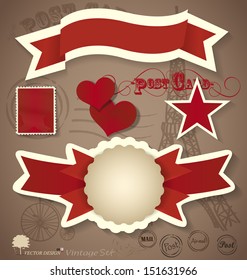 Diseños de postal y cinta adhesiva de época. Ilustración vectorial.