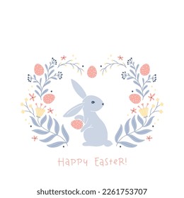 Vintage postcard for Easter with a white hare rabbit with dotted Easter eggs in a folk style with fantastic flowers. Cartoon cute animals in hand-drawn doodle style. Limited pastel palette. Vector