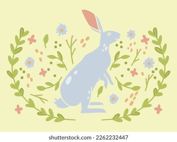 Vintage postcard for Easter with a white hare rabbit, hand-drawn doodle style, Cartoon animal on yellow optimistic background