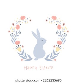 Vintage postcard for Easter with a white hare rabbit with dotted Easter eggs in a folk style with fantastic flowers. Cartoon cute animals in hand-drawn doodle style. Limited pastel palette. Vector