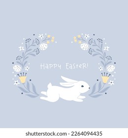 Vintage postcard for Easter with a white hare rabbit with dotted Easter eggs in a folk style with fantastic flowers. Cartoon cute animals in hand-drawn doodle style. Limited pastel palette. Vector