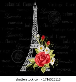 Postal vintage con Torre Eiffel y flores.